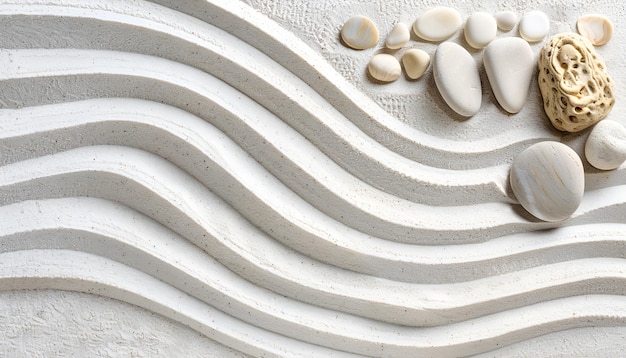 Photo zen rock garden wave pattern on white sand top view