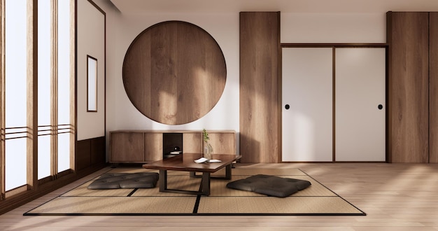 Zen room interior wooden wall on tatami mat floor low table and armchair3D rendering