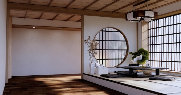 Zen room interior wooden wall on tatami mat floor low table and armchair3D rendering