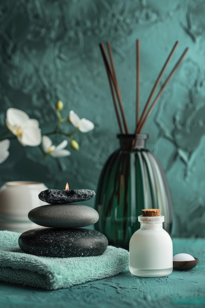 Zen Spa Atmosphere with Aromatic Candle Stones and Orchids on Textured Background