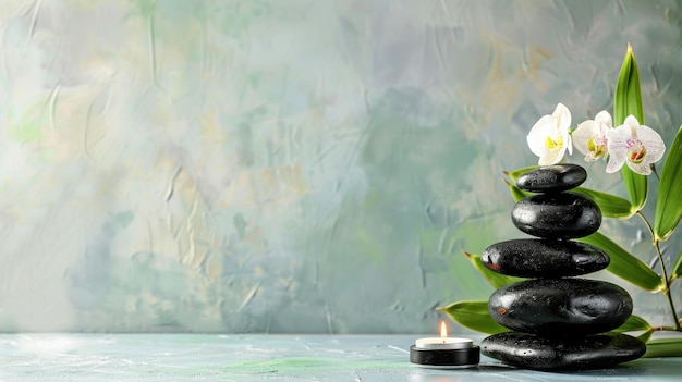 Zen Spa Setting with Black Stones Orchids and a Candle