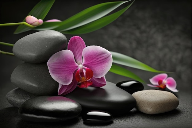 Zen Spa Stones With Pink Orchid And Bamboo Generative AI