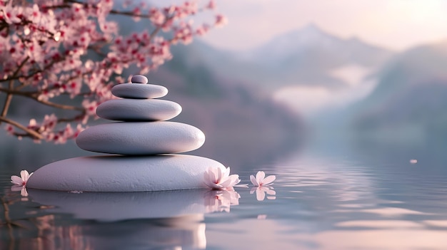 Photo zen stone balance with cherry blossoms and misty mountains