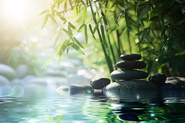 a zen stone is placed in front of a pond with bamboo leaves