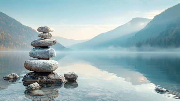 Photo zen stone stack on serene lake