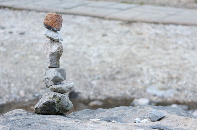 Zen stone stacks on the rock among forest park at Kusatsu Gunma Japan.