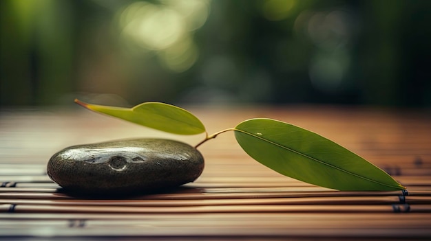 A zen stone with a leaf on it