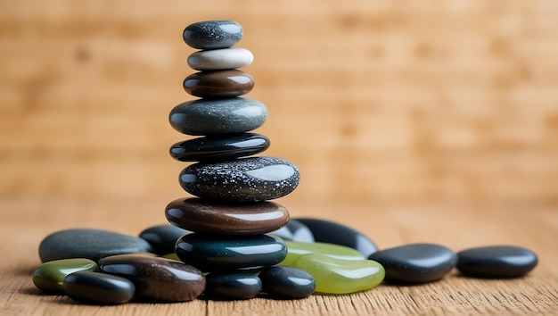 Photo zen stone on a wooden table background generative ai