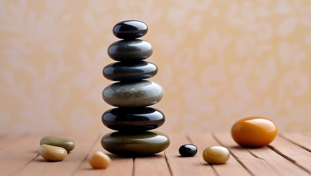 Zen stone on a wooden table background Generative Ai