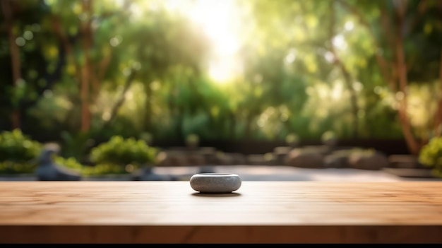 A zen stone on a wooden table in front of a forest.