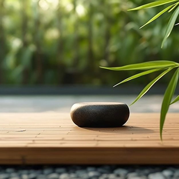 Zen Stone on Wooden Terrace Serene Retreat Generative AI