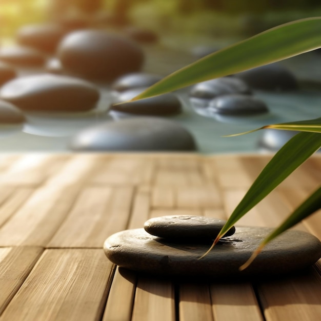 Zen Stone on Wooden Terrace Serene Retreat Generative AI