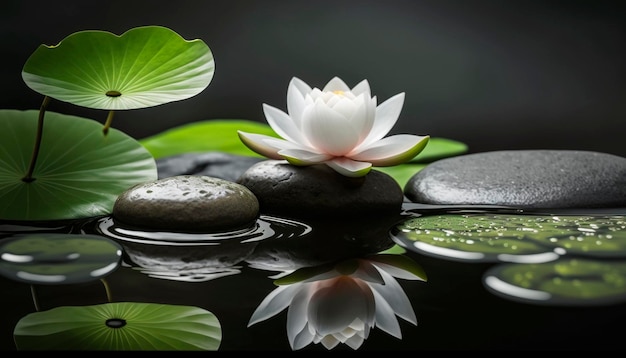 Zen stones on a background of water and bamboo and lotus flowers Generative AI