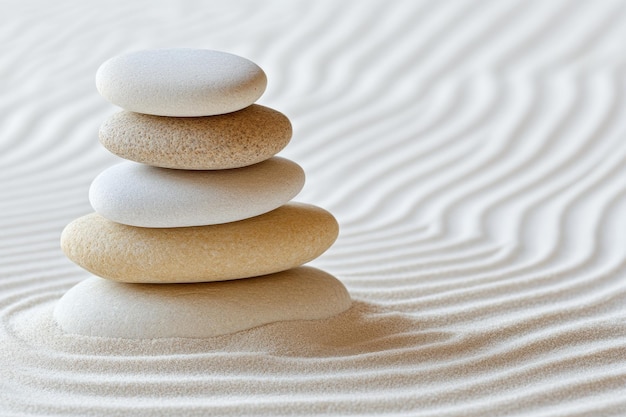 Photo zen stones balance on raked sand meditation background