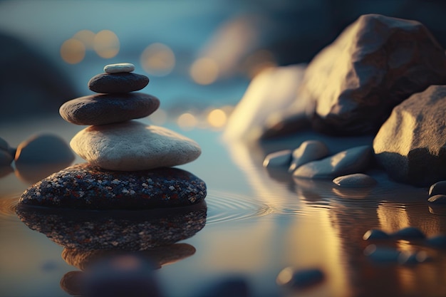 Zen stones balanced on the beach Sunrise light Meditation and relaxation Ai generative