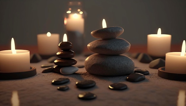 Zen stones and burning candles in the room Set for spa treatment and relax concept