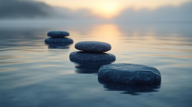 Photo zen stones on calm water at sunrise