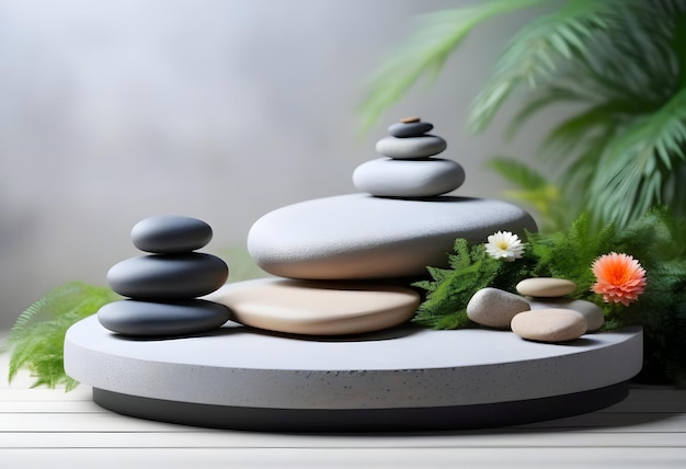 A zen stones and flowers with a blank space for product presentation on a podium background