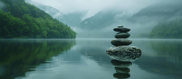 Photo zen stones in a misty mountain lake