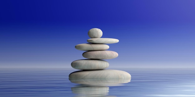 Zen stones stack on blue background 3d illustration