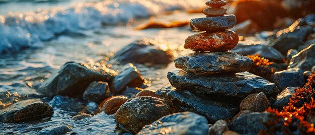 Photo zen stones stacked by tranquil water at sunset