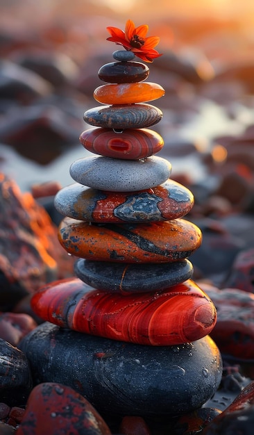 Zen stones stacked on each other in the sunset