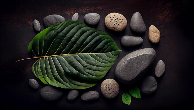 Zen stones and tropical leaf on dark background top view with space for text Copy space