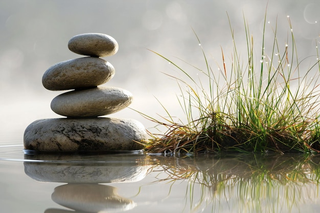 Zen stones in water with dew drops and grass on the shore