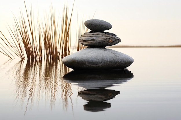 Zen stones in water with reeds in the background closeup of photo