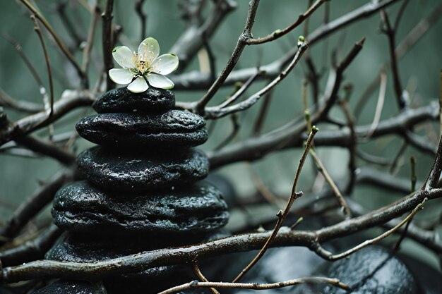 Zen stones with flower on a branch in the forest closeup