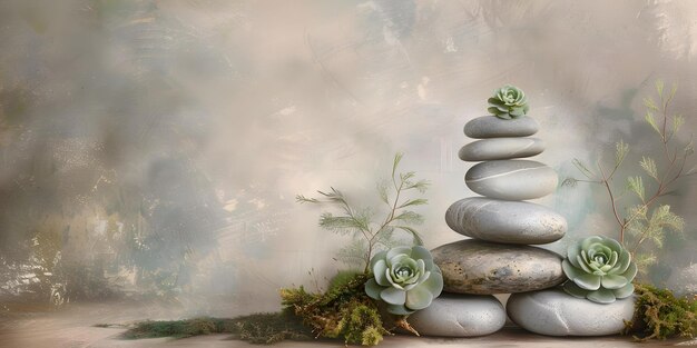 Photo zen stones with succulents and greenery on a textured background