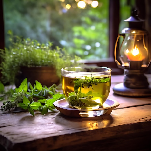 ZenCalm Relaxation Tea placed on a wooden table with fresh herbs and soft lighting