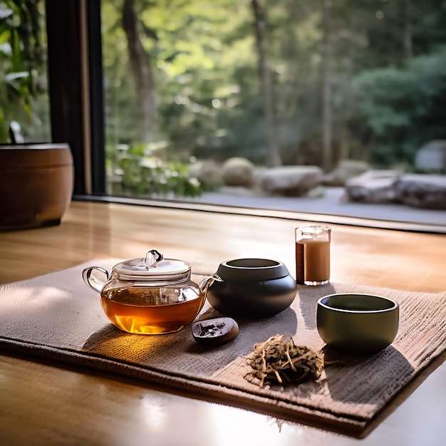 ZenCalm Relaxation Tea set next to a yoga mat and meditation essentials