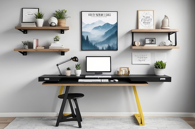 Photo zenful workstation floating shelf desk and inspirational quotes wall