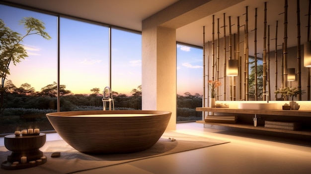 A Zeninspired bathroom with a soothing ambiance featuring a Japanese soaking tub bamboo accents