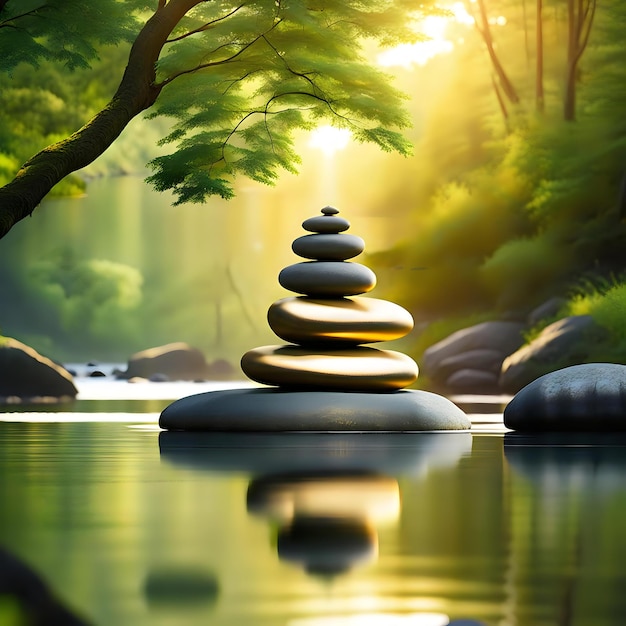 Photo zeninspired stone artwork arranged on serene river clipping paths for each element