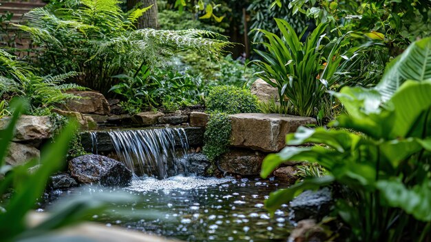 Photo a zeninspired water feature in a garden with gentle streams and lush plants