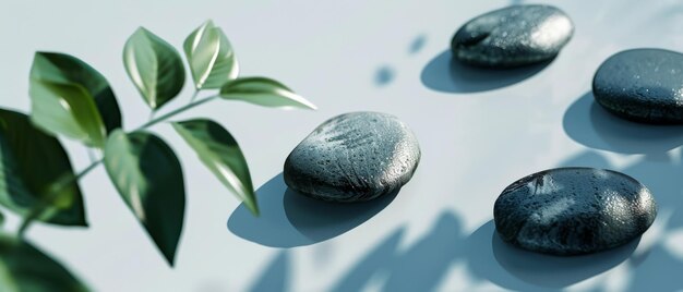 Photo zenlike scene of smooth stones and fresh green leaves resting on a pristine white surface promoting mindfulness and calm