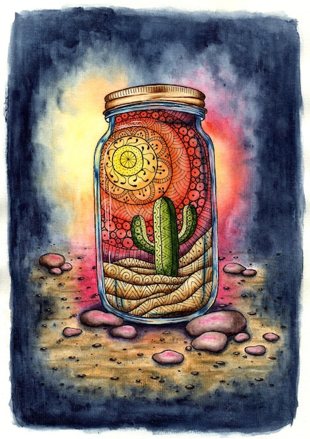 Zentang cactus in a jar watercolor