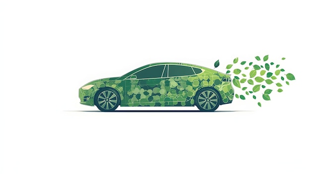 Photo zero emissions electric car with leaflike exhaust on white background