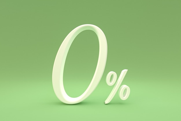 Zero percentage sign and sale discount on green background with special offer rate. 3d rendering