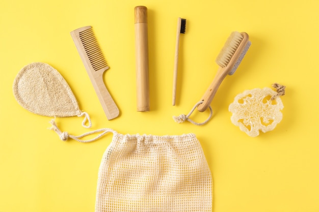 Zero waste concept. Anti cellulite massager; bamboo toothbrush; loofah sponge