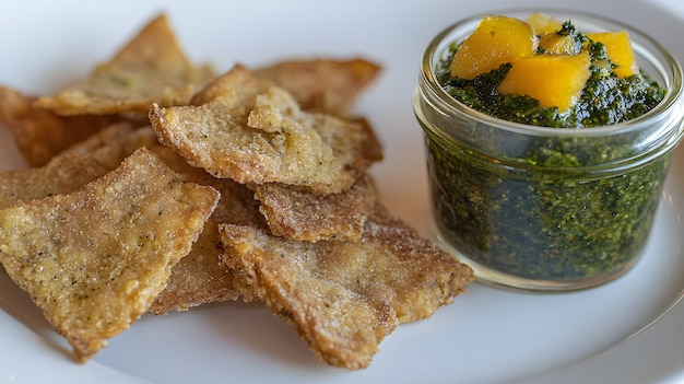 Photo zero waste dish with pesto and compote in glass jar