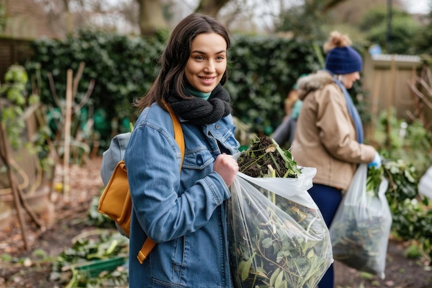 Photo zero waste gardening a front view of a young brunette woman carrying two bags of garden waste that i