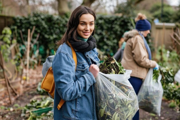 Photo zero waste gardening a front view of a young brunette woman carrying two bags of garden waste that i