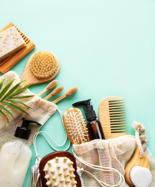 Zero waste natural cosmetics products on pastel green background. Flat lay.