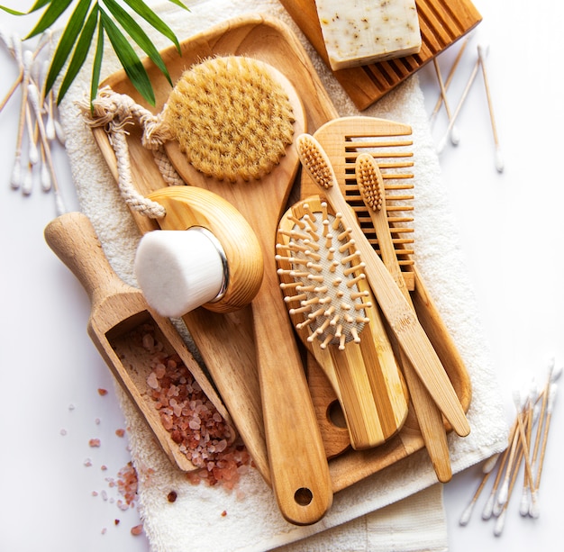 Zero waste natural cosmetics products on white background. Flat lay.