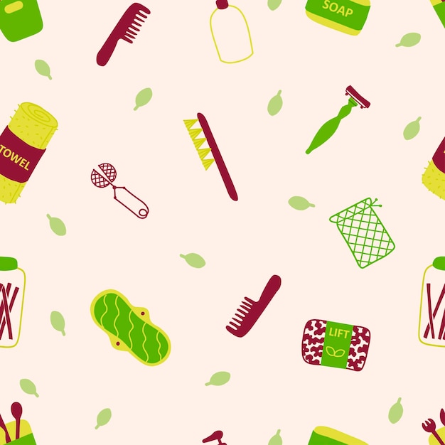 Zero waste products flat seamless pattern sustainable lifestyle items cartoon texture