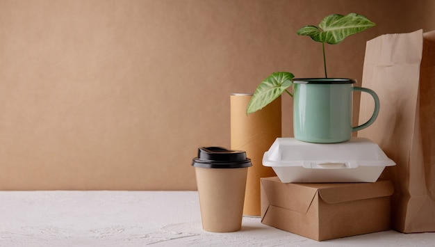 Zero Waste Products. Set of Recycling Food and Beverage Packaging. included Coffee Cup, Paper Bag and Delivery Box. Reduce Plastic. Environment, Ecology Care, Renewable Concept