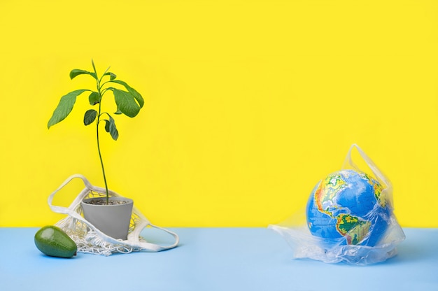 Zero waste shopping concept. green plant in cotton bag on yellow background